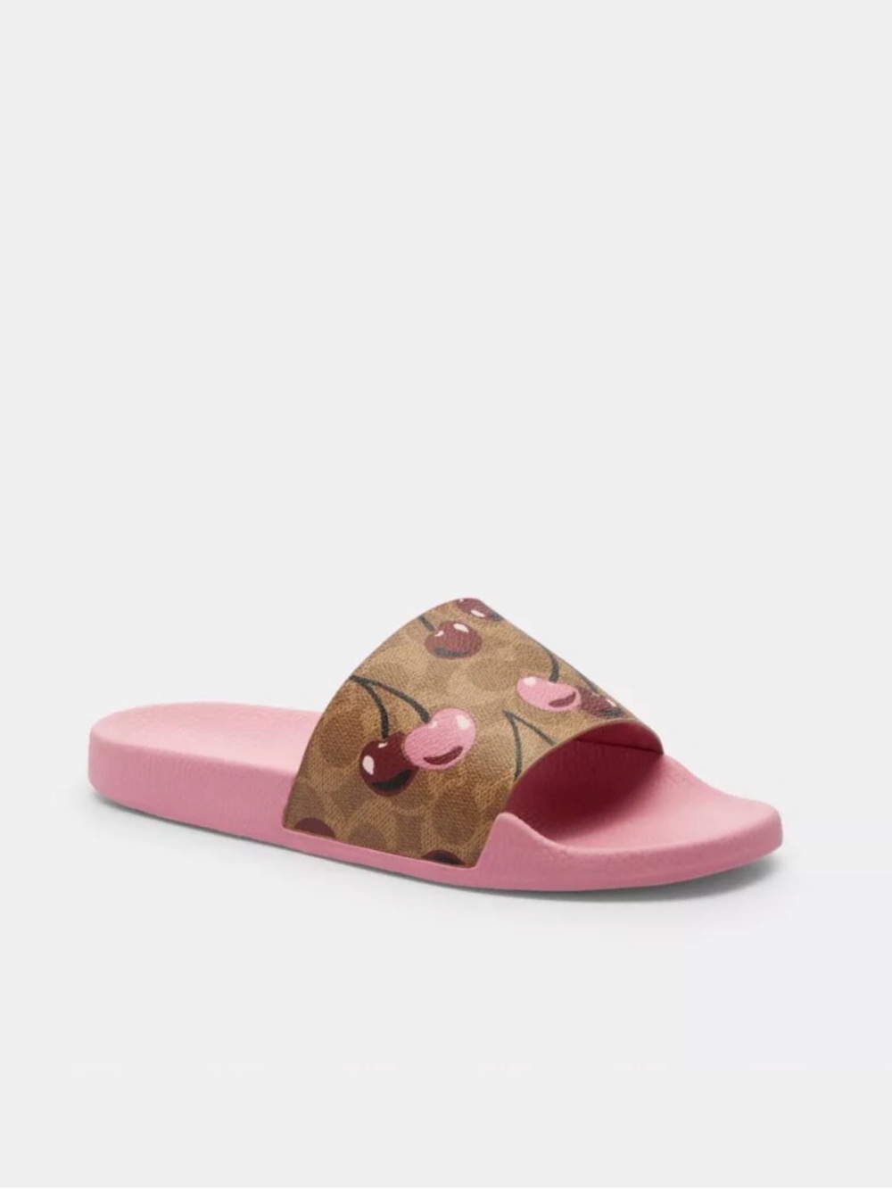Coach Udele Sport Slide in Signature Canvas w/ Cherry Print, Tan/Pink